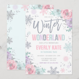 Convites Wonderland Birthday Silver Pink Snowflake