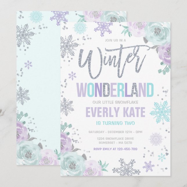 Convites Wonderland Birthday Silver Purple Snowflake (Frente/Verso)