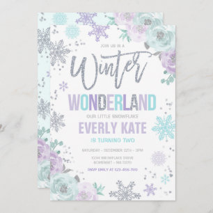Convites Wonderland Birthday Silver Purple Snowflake