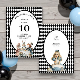Convites Wonderland Black White Vintage Birthday Party