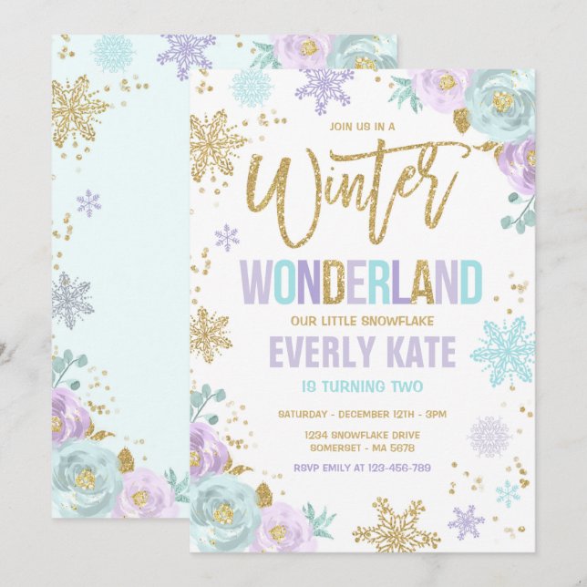 Convites Wonderland de inverno Floco de neve Dourado Roxo B (Frente/Verso)