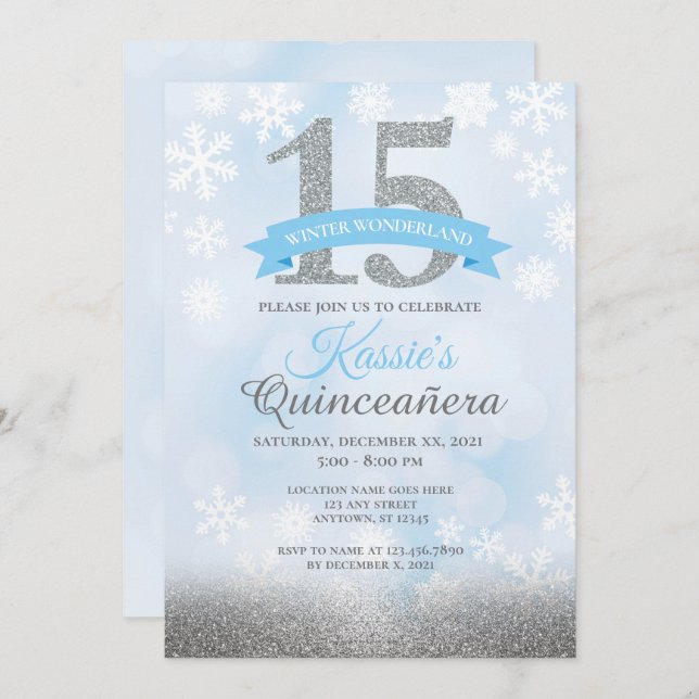Convites Wonderland de inverno Quinceañera Silver Blue Aniv (Frente/Verso)