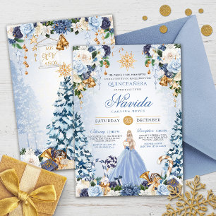 Convites Wonderland de inverno Quinceañera Snowy Blue Flora