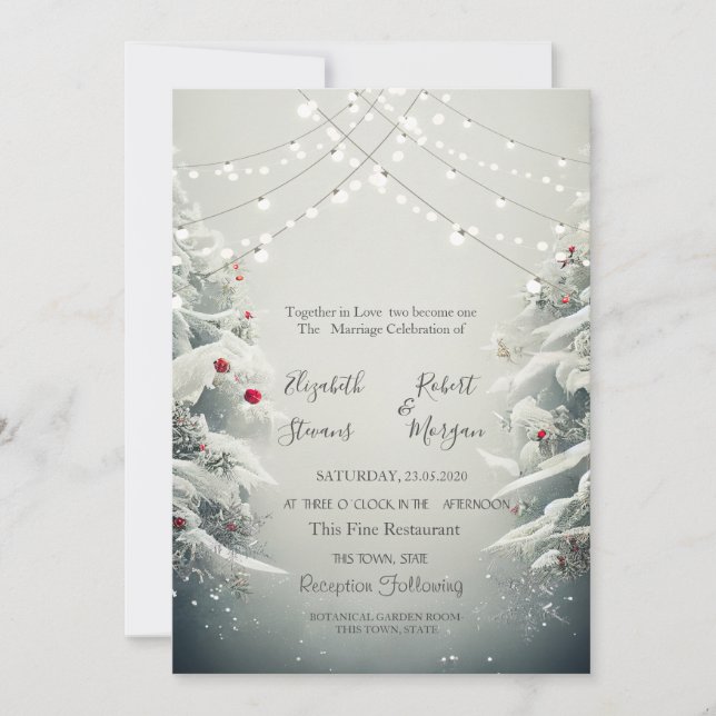 Convites Wonderland de inverno, String Lights Snow Wedding (Frente)