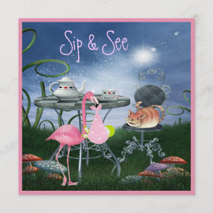 Convites Wonderland Flamingo Sip & See Girl Chá de fraldas