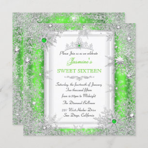 Convites Wonderland Green Silver Winter Sweet 16 Snowflake