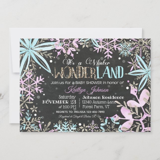 Convites Wonderland Inverno Flocos de Neve Chá de fraldas (Frente)
