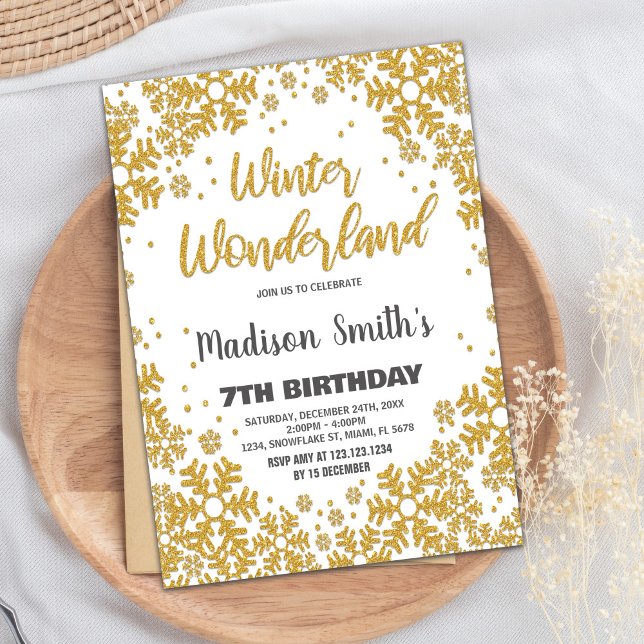 Convites Wonderland Invoca Dourada Glitter (Winter Wonderland Invitations Gold Glitter)