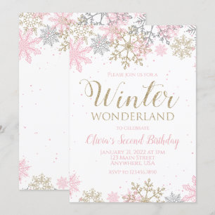 Convites Wonderland Pink Dourado Floco de Neve Aniversário