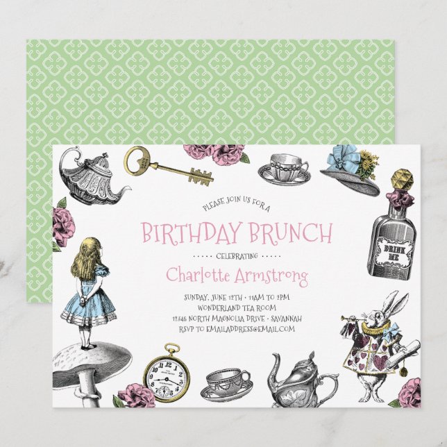 Convites Wonderland Pink e Green Birthday Brunch (Frente/Verso)