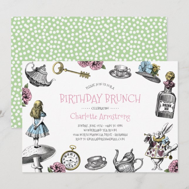 Convites Wonderland Pink e Green Birthday Brunch (Frente/Verso)
