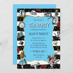 Convites Wonderland Tea Party - Azul branco