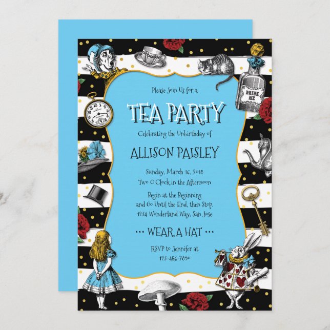 Convites Wonderland Tea Party Whimsic Blue (Frente/Verso)