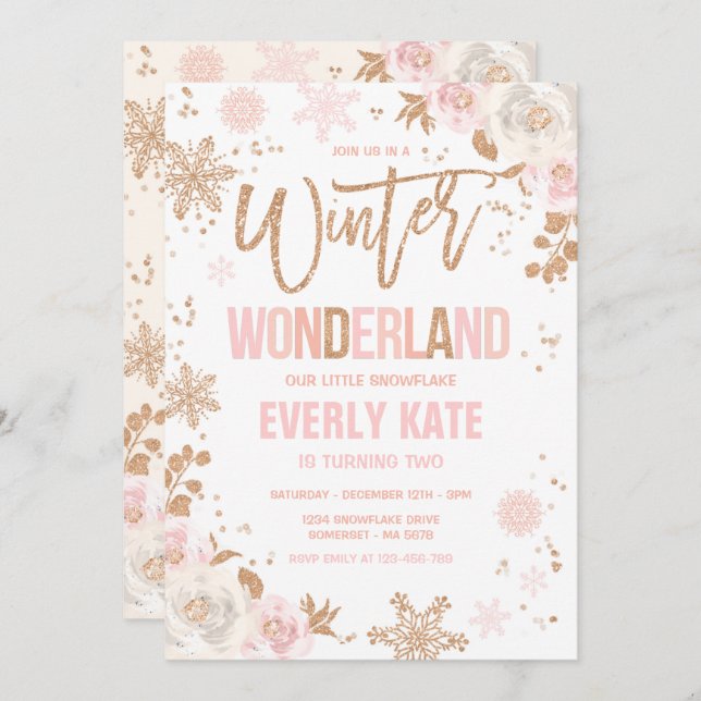 Convites Wonderland Winter Birthday Rosa Dourado E Rosa (Frente/Verso)