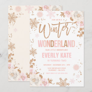 Convites Wonderland Winter Birthday Rosa Dourado E Rosa