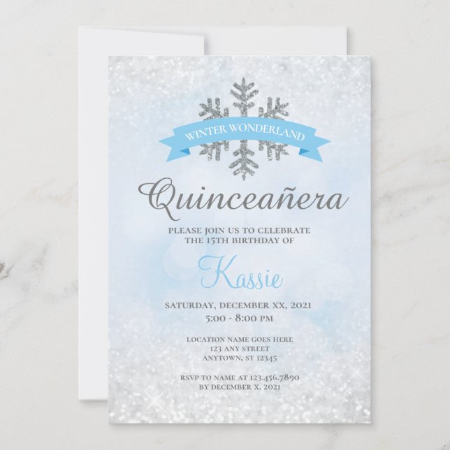 Convites Wonderland Winter Quinceañera 15 Birthday Silver (Frente)