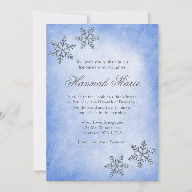 Convites Wonderland Winter Snowflakes Blue Bat Mitzvah (Frente)
