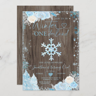 Convites Wood Blue Winter Onederland Snowflake Birthday