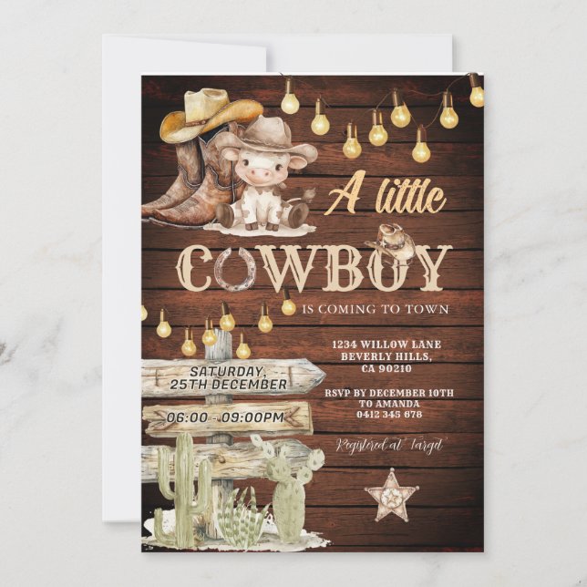 Convites Wood Cowboy Boots & Cactus Baby Shower (Frente)