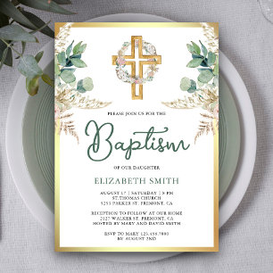 Convites Wood Cross Boho Pampas Eucalyptus Dourado Baptism
