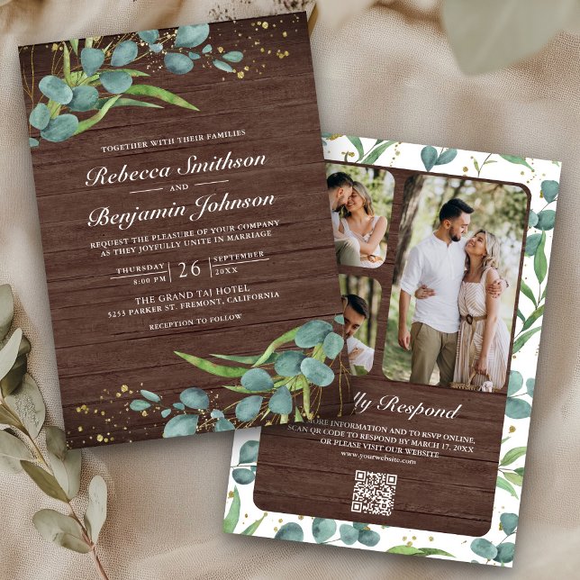Convites Wood Eucalyptus Photo Collage QR Code Wedding (Criador carregado)