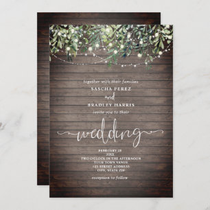 Convites Wood Plank Greenery String Luzes Casamento