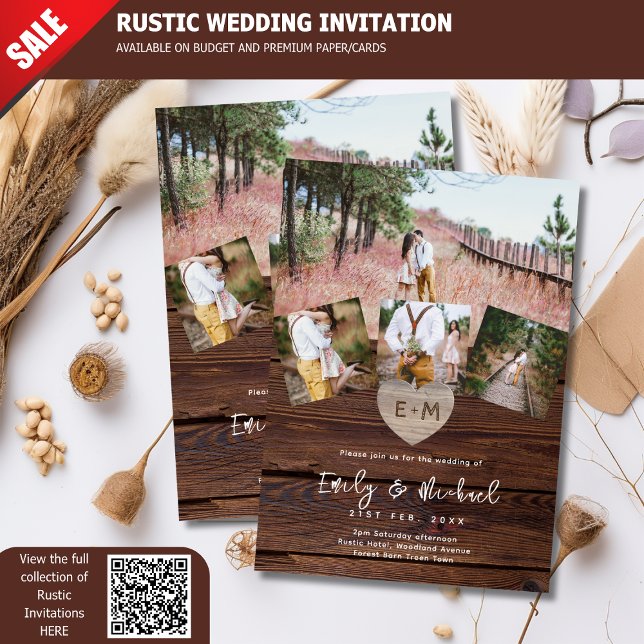 Convites Wood Rustic Engravated Heart PHOTO COLLAGE WEDDING (Criador carregado)