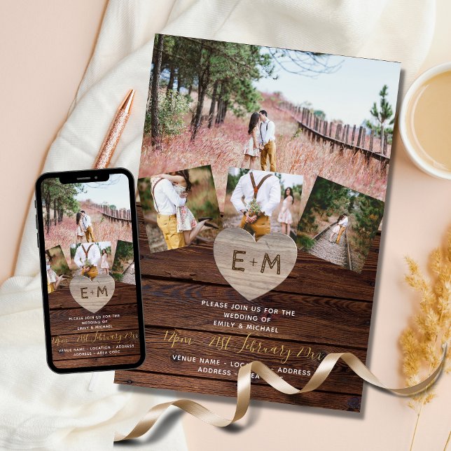 Convites Wood Rustic Engravated Heart PHOTO COLLAGE WEDDING (Criador carregado)