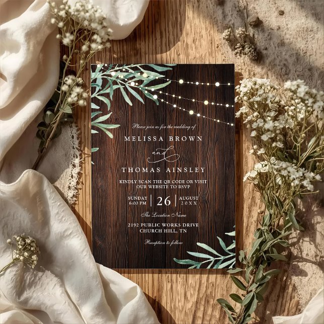 Convites Wood Rustic String Light Country QR Code Wedding (Criador carregado)
