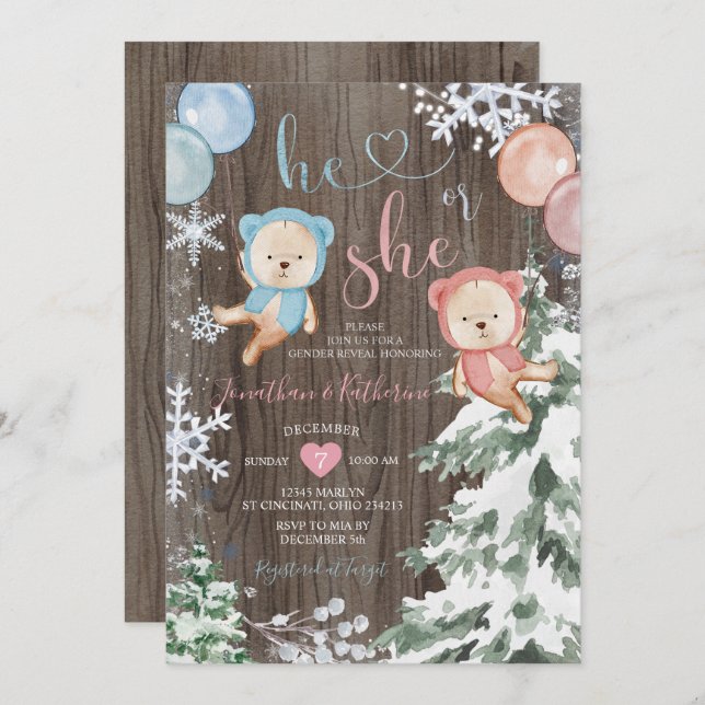 Convites Wood Winter Bear Gender Revelar Flocos de Neve (Frente/Verso)