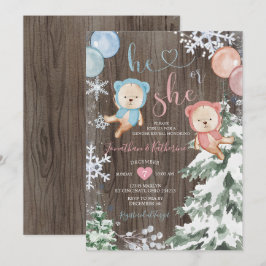 Convites Wood Winter Bear Gender Revelar Flocos de Neve