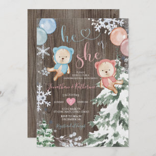 Convites Wood Winter Bear Gender Revelar Flocos de Neve