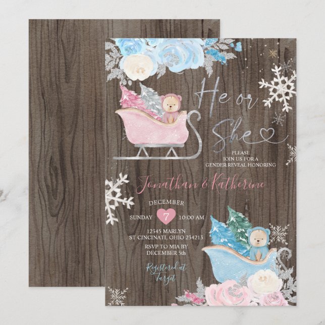 Convites Wood Winter Bear Gender Revelar Flocos de Neve (Frente/Verso)