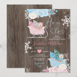 Convites Wood Winter Bear Gender Revelar Flocos de Neve