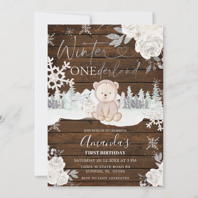 Convites Wood Winter Bear Onederland Snowflake Birthday (Frente)