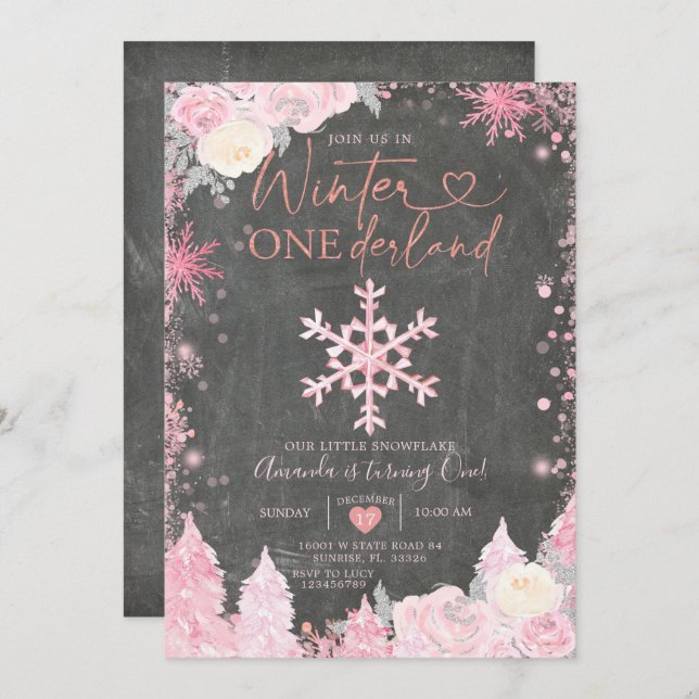 Convites Wood Winter Onederland Pink Snowflake Birthday (Frente/Verso)