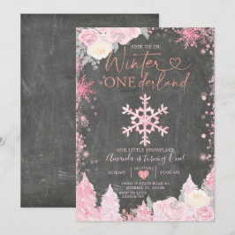 Convites Wood Winter Onederland Pink Snowflake Birthday
