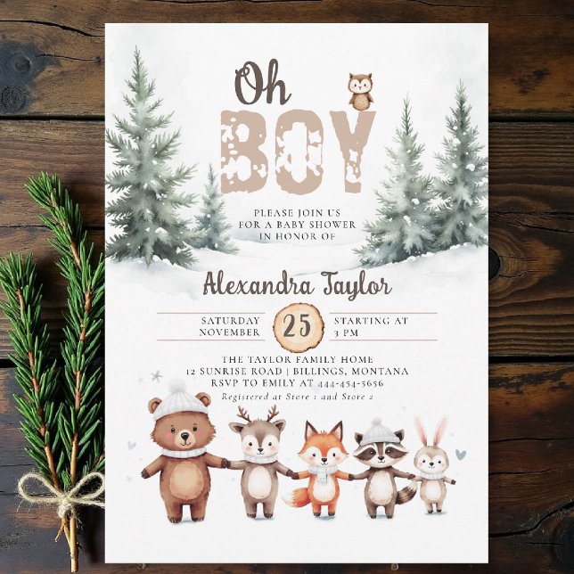 Convites Woodland Animais Winter Oh Boy Chá de fraldas (winter baby shower invitation oh boy cute woodland animals watercolor snow cold pine forest)