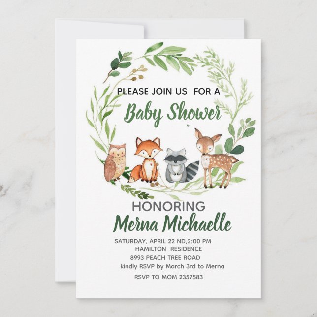 Convites woodland animal  baby shower invitation (Frente)