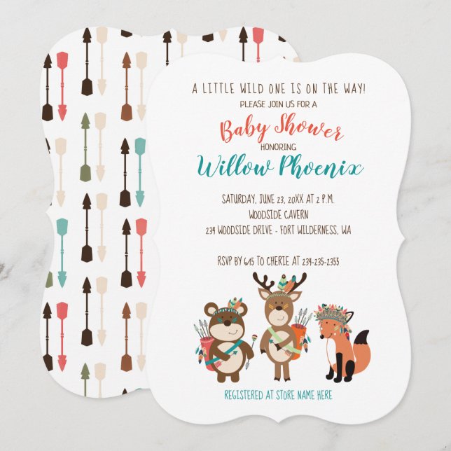 Convites Woodland Animal Tribal Boho Chá de fraldas Invite (Frente/Verso)