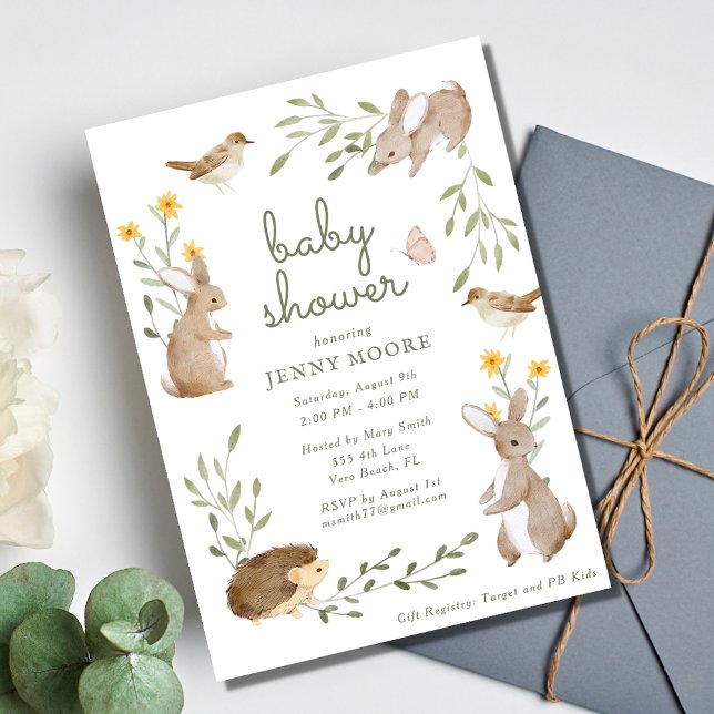 Convites Woodland Animal Watercolor Chá de fraldas (Woodland Animal Watercolor Baby Shower Party Invitation)