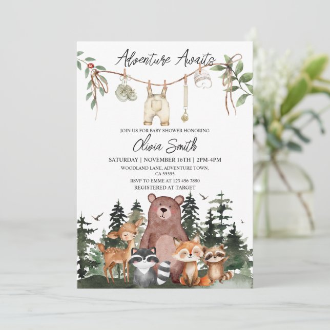 Convites Woodland Animals Adventure Awaits Baby Shower (Em pé/Frente)