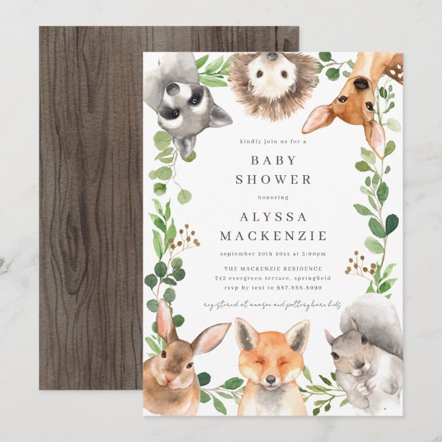Convites Woodland Animals Baby Shower Invitation (Frente/Verso)
