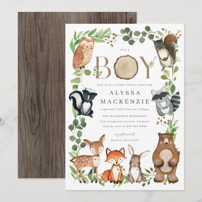 Convites Woodland Animals Baby Shower Invitation (Frente/Verso)