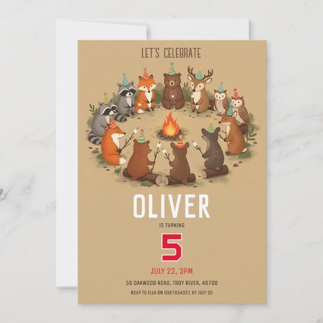 Convites Woodland Animals Campfire Birthday Party (Frente)