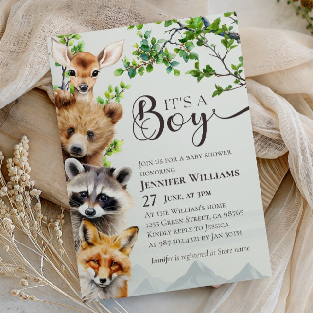Convites Woodland Animals Greenery It’s a Boy Baby Shower (Criador carregado)
