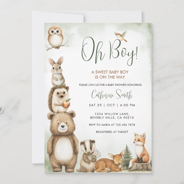 Convites  Woodland Animals Sweet Baby Boy Baby Shower (Frente)