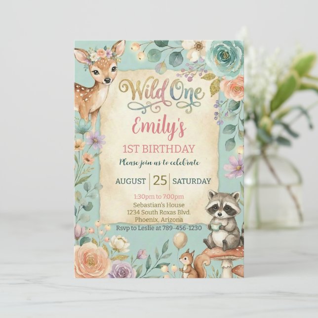 Convites Woodland Animals Wild One Birthday Invitation (Em pé/Frente)