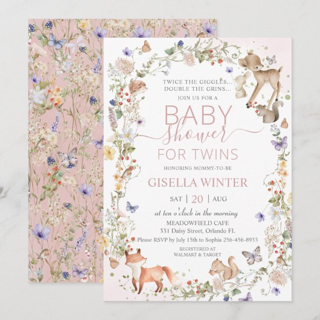 Convites Woodland Animals Wildflower Twins Baby Shower (Frente/Verso)