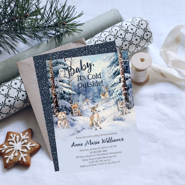 Convites Woodland Baby Animal Winter Boy Sprinkle (Blue Rustic Woodland Animals Baby It's Cold Outside Boy Baby Sprinkle Invitation)